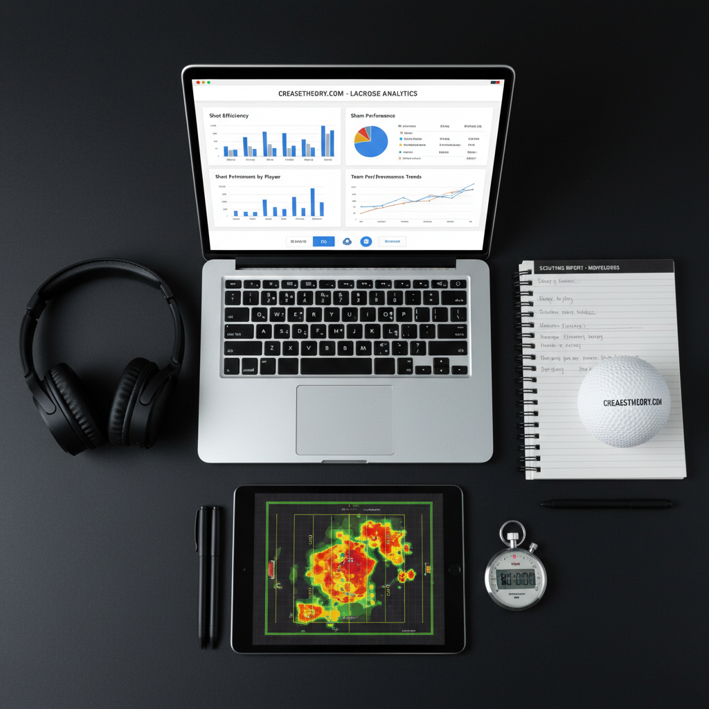 An organized flat lay of lacrosse analytics tools on a dark matte desk surface: an open laptop displaying a clean, modern lacrosse statistics dashboard, a tablet showing a field heatmap, a spiral-bound scouting notebook with precise handwritten notes, and a lacrosse ball serving as a paperweight. A pair of sleek over-ear headphones and a digital stopwatch sit neatly nearby. Cool, even studio lighting from above creates controlled reflections and subtle shadows, emphasizing a data-driven environment. Photographic realism with a top-down bird’s-eye composition and crisp focus throughout the frame. The atmosphere is professional, modern, and objective, highlighting Creasetheory.com’s role as a comprehensive lacrosse knowledgebase that merges traditional analysis with advanced metrics.
